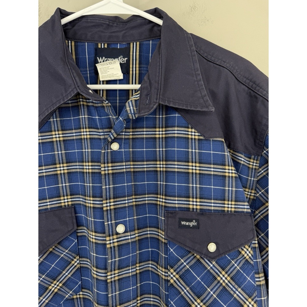 Vtg Wrangler Brushpopper Shirt Men's 2XT Pearl Snap Contrast Yokes Blue Plaid